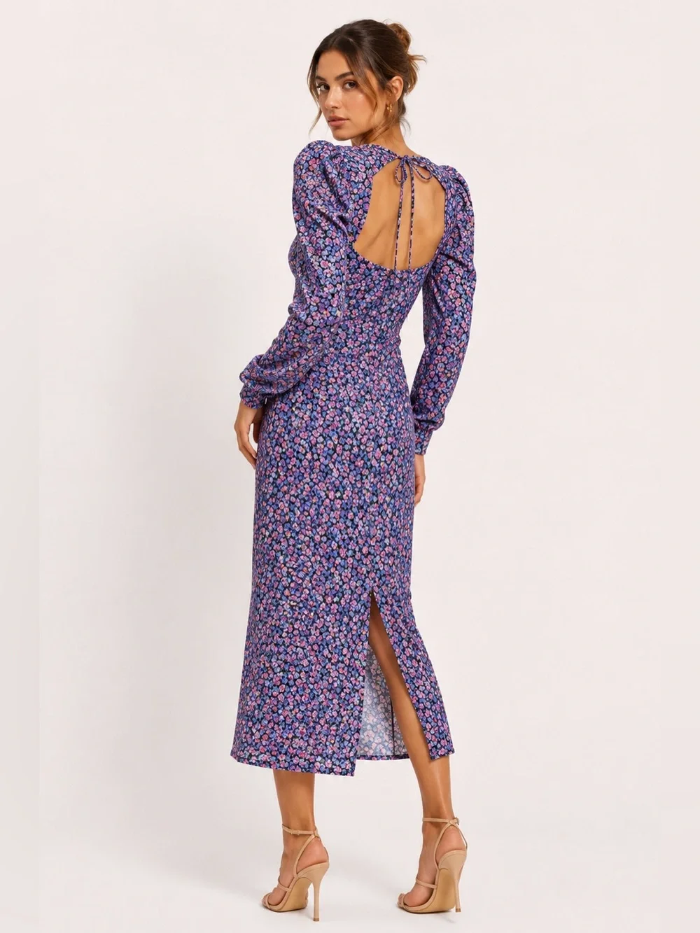 Zara Floral Ruched Midi Dress Size Medium Puff Sleeve Open Back - Picture 2 of 10